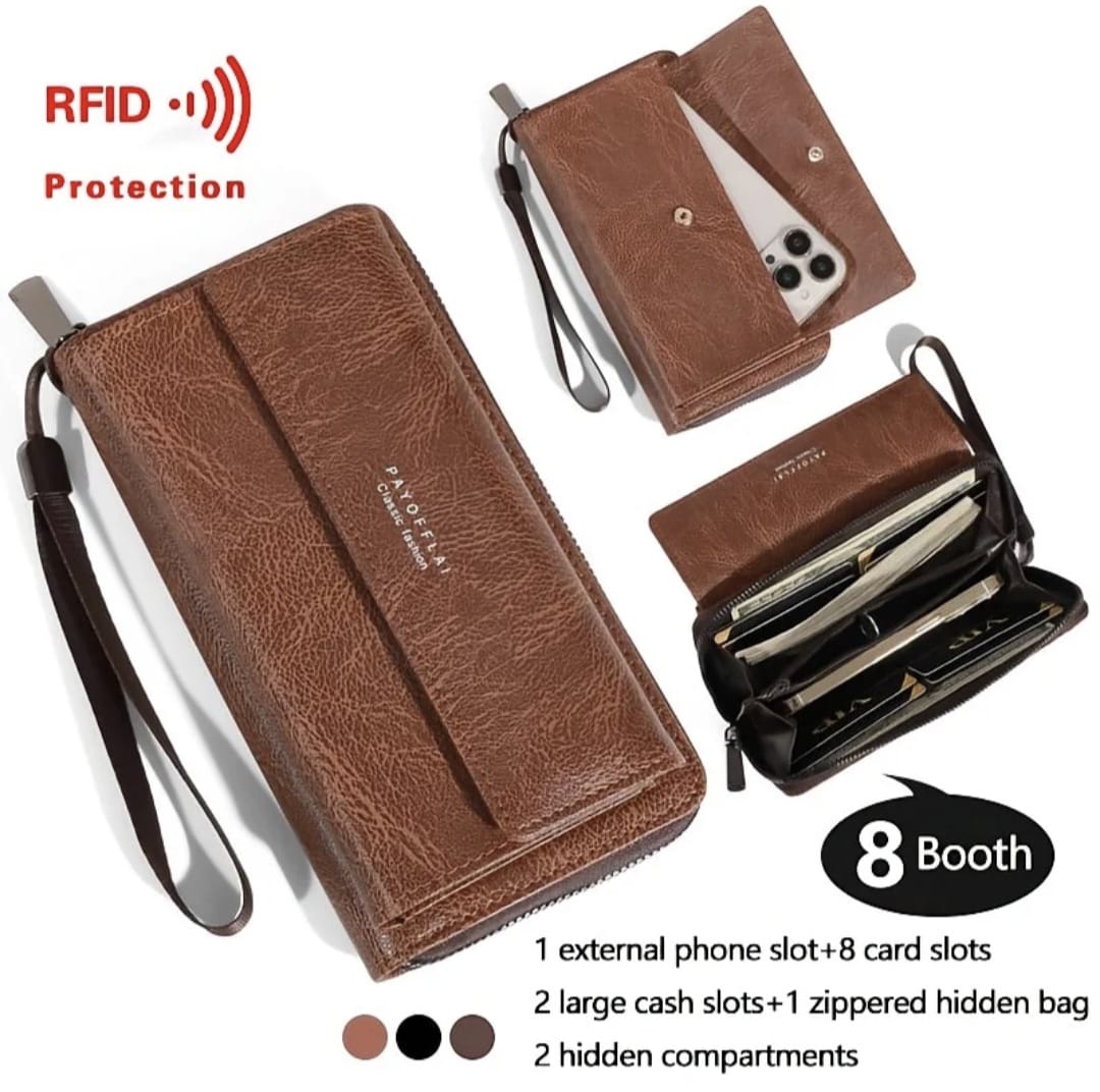 Dompet panjang multifungsi PAYOFFLAI dengan 8 slot kartu dan RFID protection